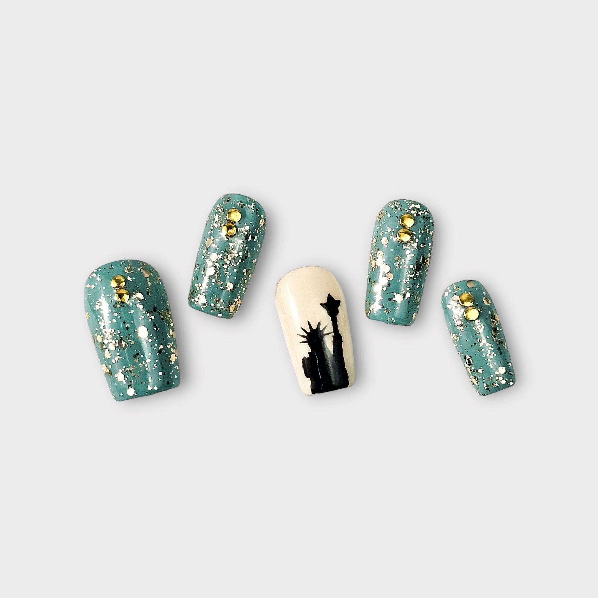 bling bar lady liberty green and white new york press on nails