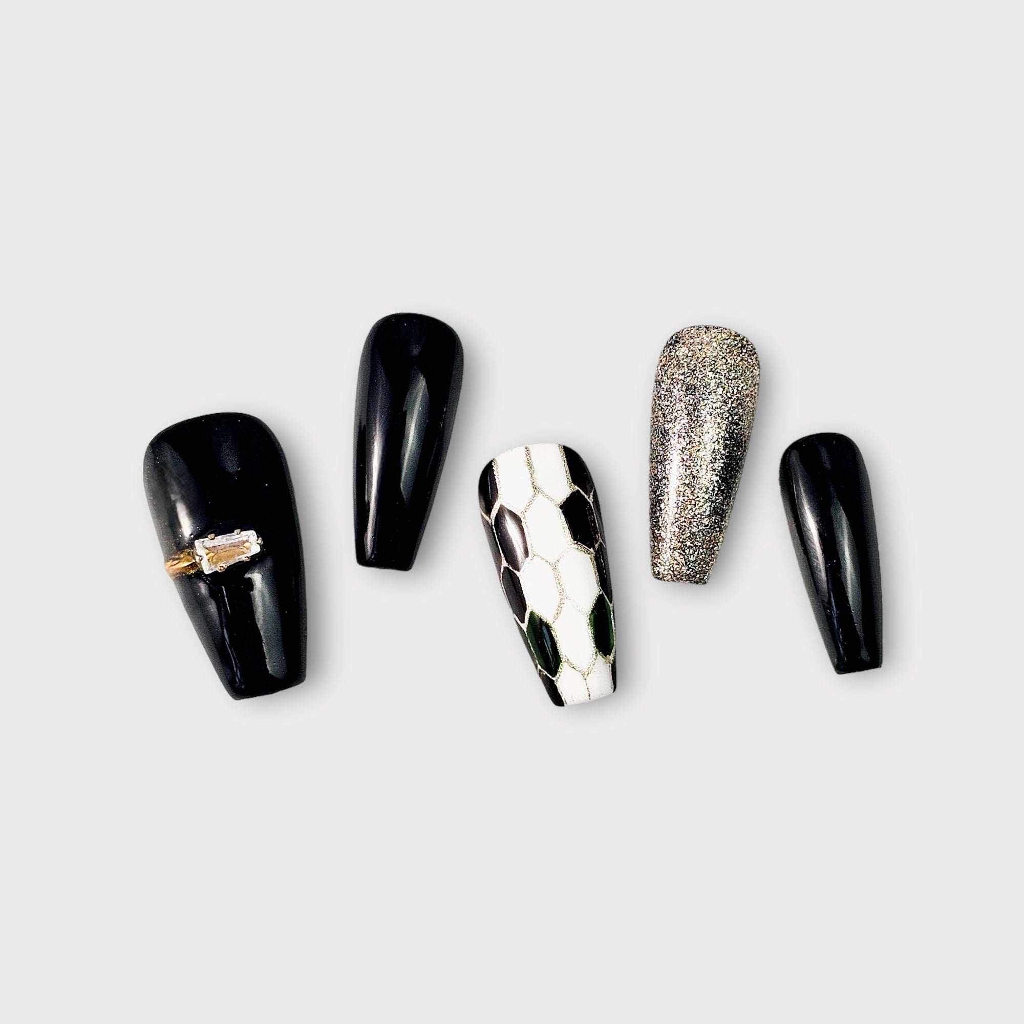 bling bar medusa snake dark green and white coffin presso n nails