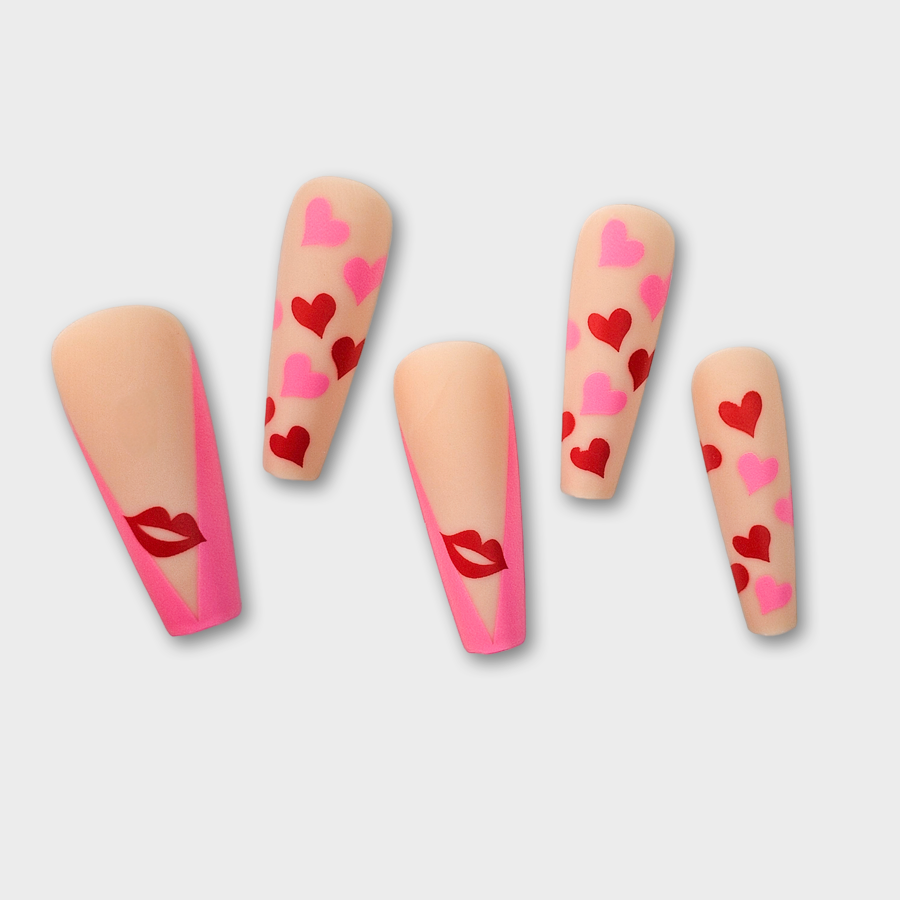 mwah long coffin hearts and kisses press on nail set